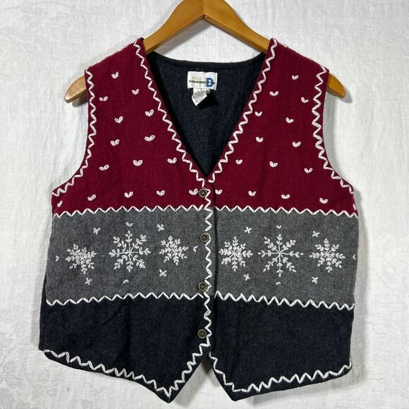 Vintage Sweater Vest Small Wool Blend Felt Gray Red Snowflakes Hearts PHD - Picture 11 of 11